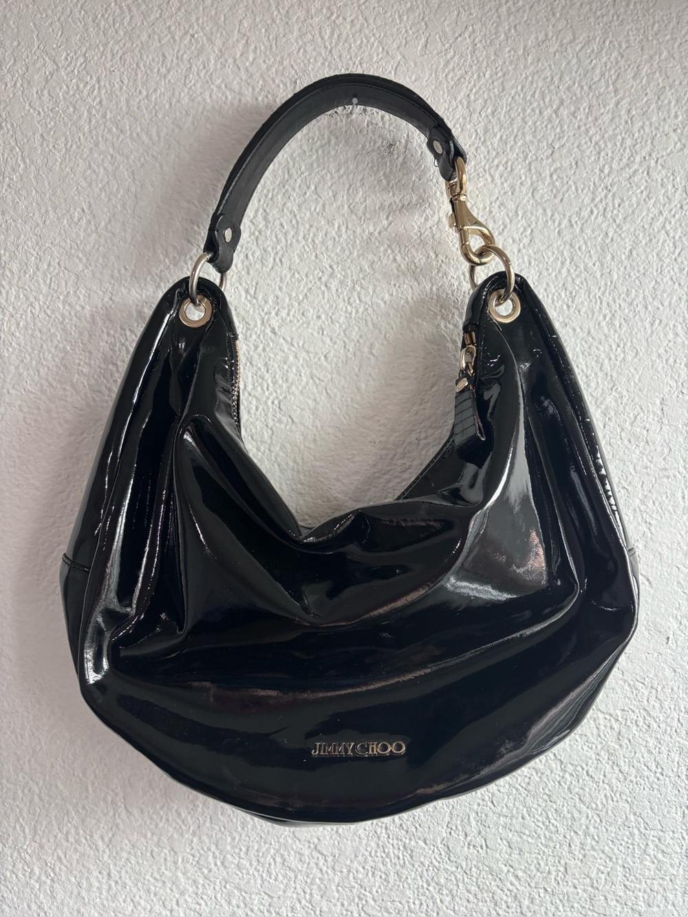 Jimmy Choo Solar Hobo Black Gloss Patent Liquid Leather Shoulder Bag Purse